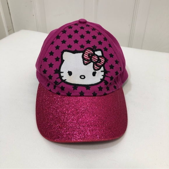 Hello Kitty Sanrio Glitter Stars Hot Pink Black Hat Cap Adjustable Youth Teen - Picture 10 of 13